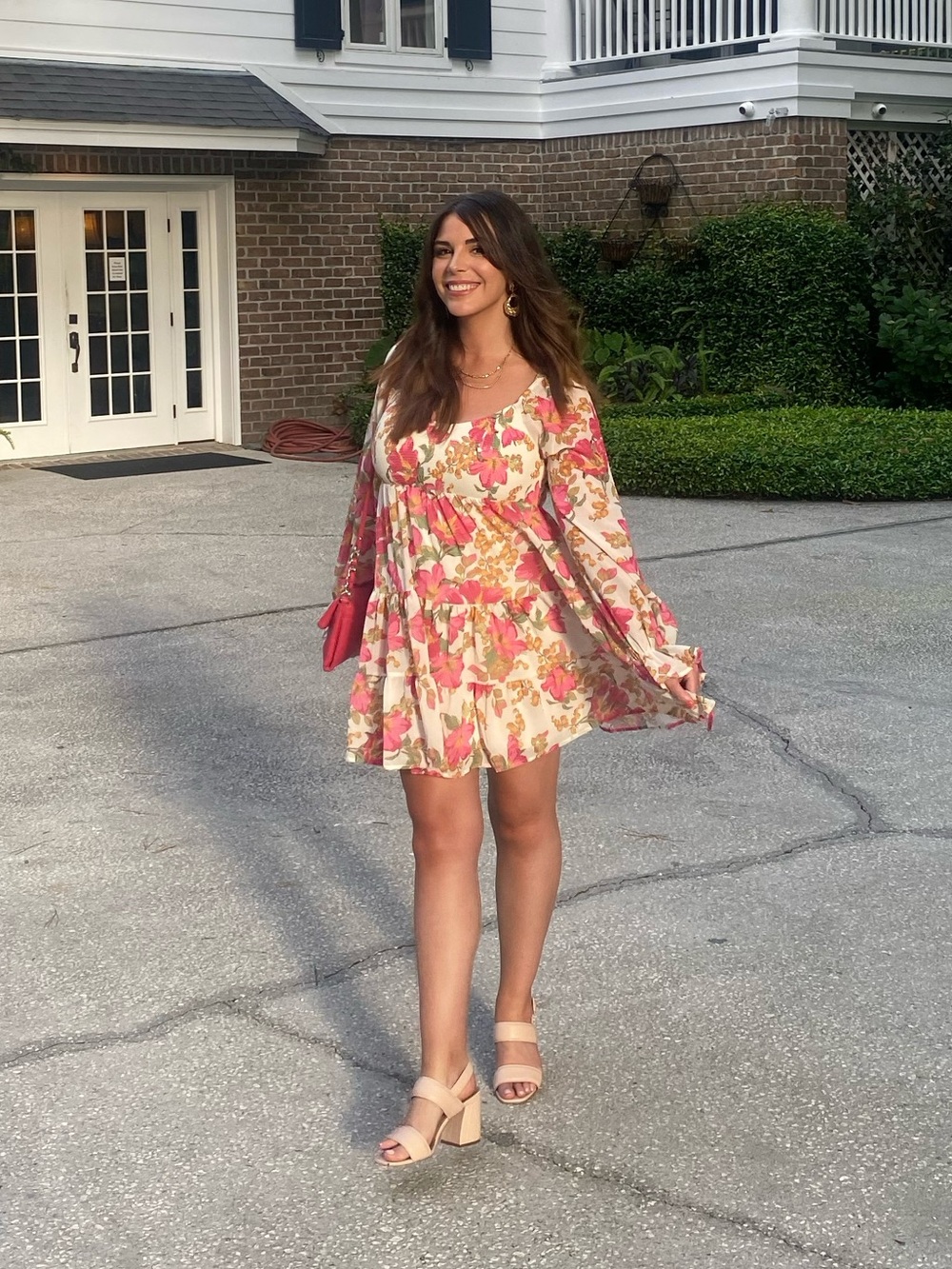 Pink Floral Long Sleeve Smocked Dress